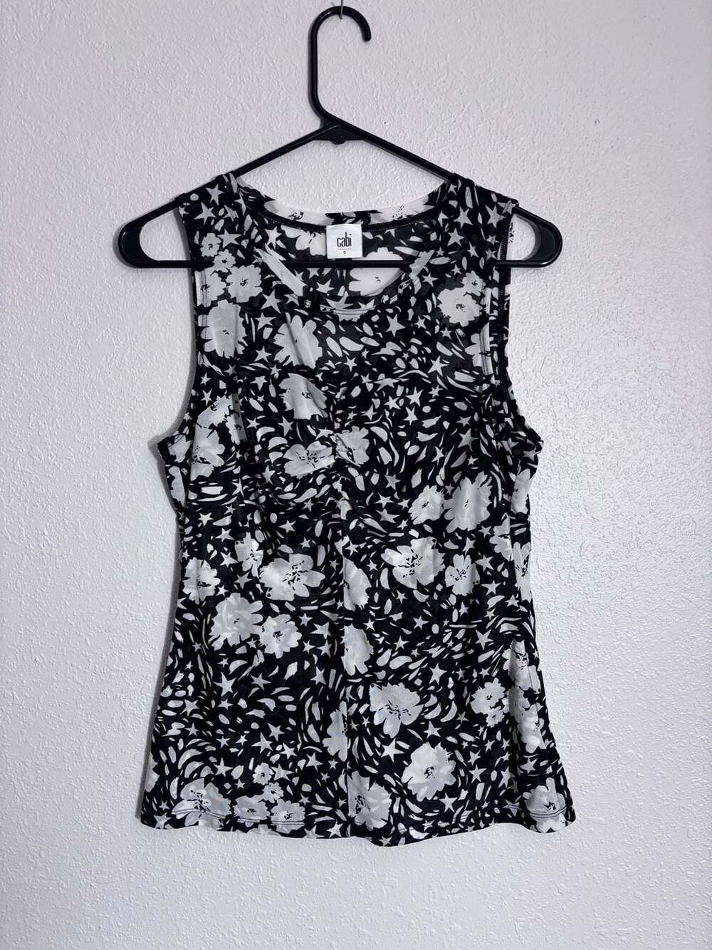 cabi Flower Burst Top Black and White Floral Mesh Tank Small